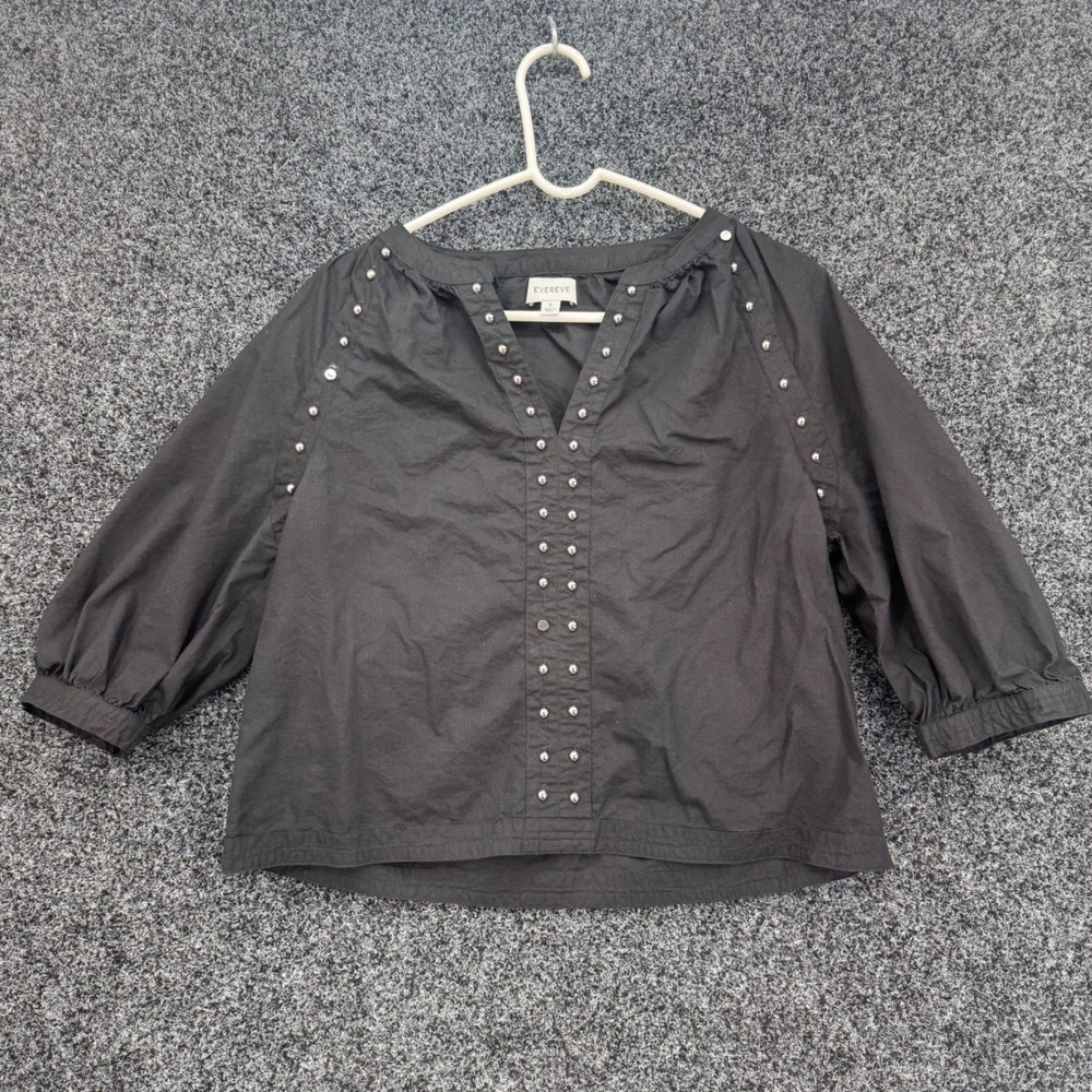 Evereve Black Studded Split Neck Blouse 3/4 Puff Sleeve Small